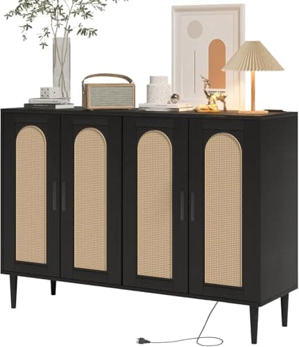 Patikuin Rattan Sideboard Buffet Cabinet, Boho Accent Storage Cabinet, 4 Doors Console Table Coffee Bar with Power Outlet, Adjustable Shelves for Kitchen, Dining Room, Hallway, Living Room (Black_2) - Image 1