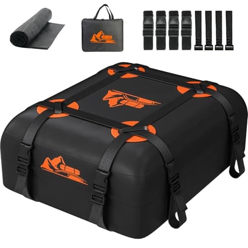 BATSUVCER Car Rooftop Cargo Carrier Bag 15 Cubic Feet, 100% Waterproof Heavy Duty Car Roof Bag for All Vehicle with/Without Racks - Anti-Slip Mat, 4 Door Hooks, Storage Bags, 4PCS 3.8CM Straps(Orange)
