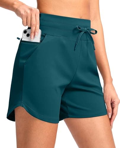 Women's 5" Athletic Running Shorts with Zip Pockets Stretchy Quick Dry High Waisted for Workout Gym Hiking (Peacock Green, S) - Image 1