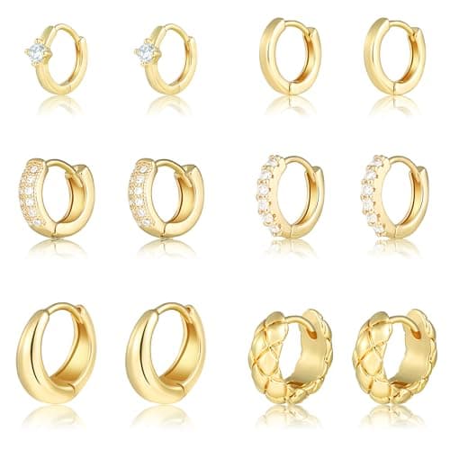 Wgoud Gold Hoop Earrings Set for Women, 6 Pairs 14K Gold Plated Hypoallergenic Lightweight Huggie Hoops Earrings, Small Cartilage Cubic Zirconia Earrings for Women Gifts. (E-Golden hoops) - Image 1