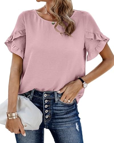 PRETTYGARDEN Womens Summer Tops 2026 Casual Ruffle Short Sleeve Crewneck Shirts Loose Basic Work Blouses Spring Outfits(Pink,X-Large) - Image 1