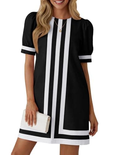 Wenrine Womens Puff Short Sleeve Mini Dress Summer Crewneck Striped Color Block Loose Casual Shift Dresses with Pockets Black - Image 1