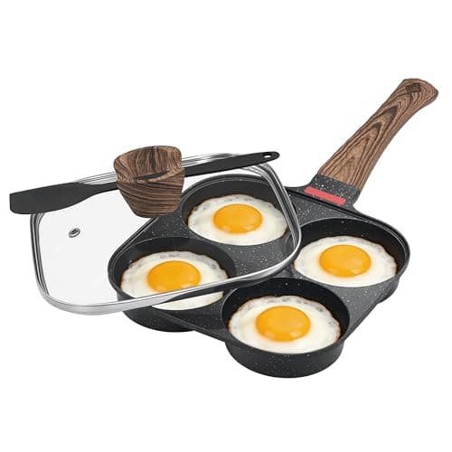 Corlekala Nonstick 4-Cup Egg Pan With Lid, Black Aluminum Non Stick Frying Pans, Bakelite Handle, Healthy Egg Frying Pan For Pancake, Burger, Sandwiches,Suitable For Gas Stove & Induction Cooktop - Image 1