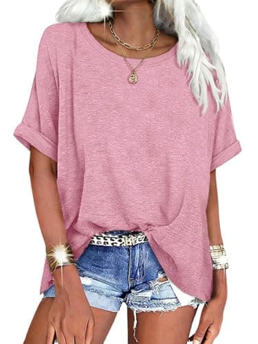UNCLECAT Womens Oversized Round Neck Shirts Summer Casual Loose Tops 2026 Short Sleeve Workout T-Shirts Pink - Image 1
