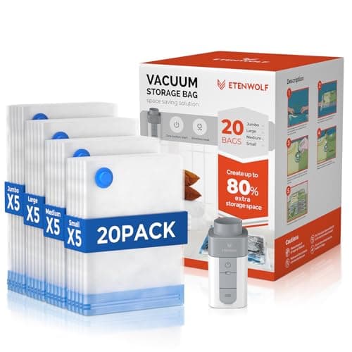 ETENWOLF 20 Pack Vacuum Storage Bags with Rechargeable Wireless Pump, Vacuum Seal Bags for Clothes and Travel, Space Saver Bags in Multiple Carry-On Sizes, Perfect for Luggage and Suitcases - Image 1