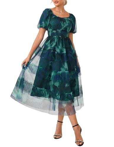 GRACE KARIN Womens 2026 Summer Wedding Guest Dresses Floral Puff Sleeve Smocked Midi Dresses Square Neck Mesh Flowy Dress Green Blue S - Image 1