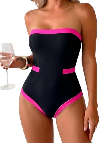 Hilor Swimsuits for Women 2026 One Piece Tummy Control Swimsuits Slimming Strapless Bathing Suit Black/Hot Pink Colorblock M/US6-8 - Image 1