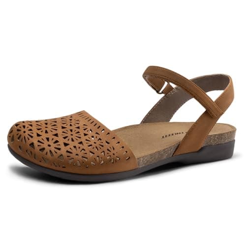 Athlefit Women's Closed Toe Sandals Comfort Cork Footbed Arch Support Flat Sandals Tan Hollow Size 10 - Image 1