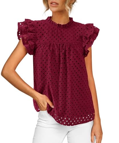 BTFBM Casual Summer Tops for Women 2026 Short Ruffle Sleeves Shirts Crew Neck Hollow Out Lace Embroidered Blouses(Wine Red,Large) - Image 1