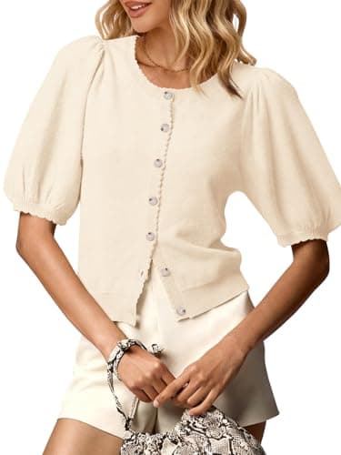 GREAIDEA Womens Puff Short Sleeve Cardigan 2026 Spring Summer Sweater Going Out Tops Business Casual Outfits Work Blouses Clothes Cream White XL - Image 1