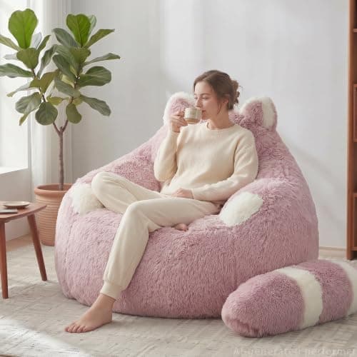 EBENCHICO Giant Bean Bag Chair for Adults Teens, Raccoon Shaped Faux Fur Bean Bag Sofa with Filler, Plush Beanbag Couch with Tail Pillow for Gaming, Reading, Bedroom, Dorm - Image 1