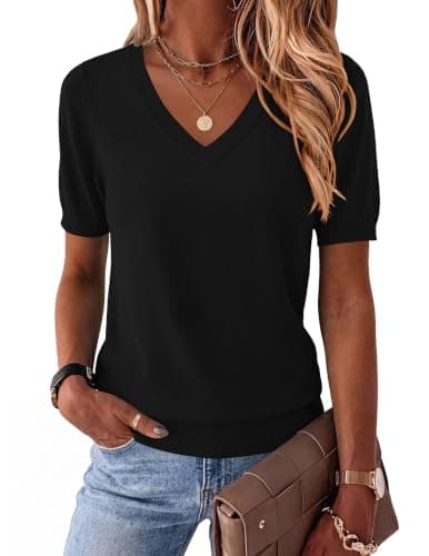 Zeagoo Sweater Women Ladies Spring Office Tops Basic Short Sleeve V Neck Thin Summer Sweaters Business Casual Outfits Black