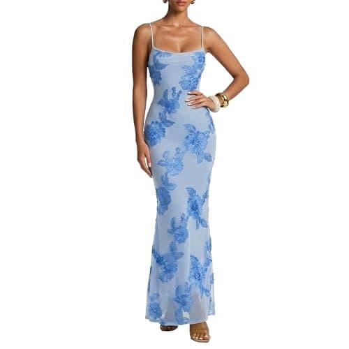 Curvphilo Women's Bodycon Maxi Dress 2026 3D Satin Floral Mesh Formal Long Evening Dress Wedding Guest Cocktail Party (US, Alpha, X-Small, Regular, Regular, Blue) - Image 1