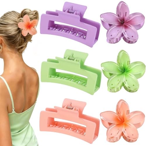 Flower Hair Clips for Women Square Claw Clips for Girls 2 Styles Hair Claw Clips for Thick or Thin Hair 6 PCS Hawaiian Hibiscus Rectangle Large Plumeria Medium Hair Accessories for Women (Purple) - Image 1