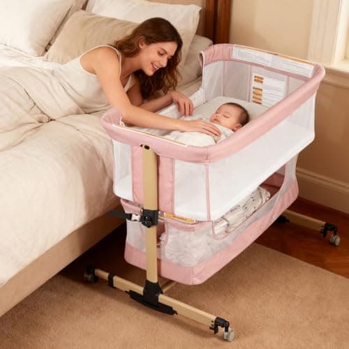 Baby Bassinet Bedside Sleeper, 3-in-1 Bedside Bassinet, 5 Height Adjustable Rocking Baby Crib, Breathable Full Mesh, Mosquito Net, Storage Basket, Stable and Secure Bassinets for Newborn (Pink) - Image 1