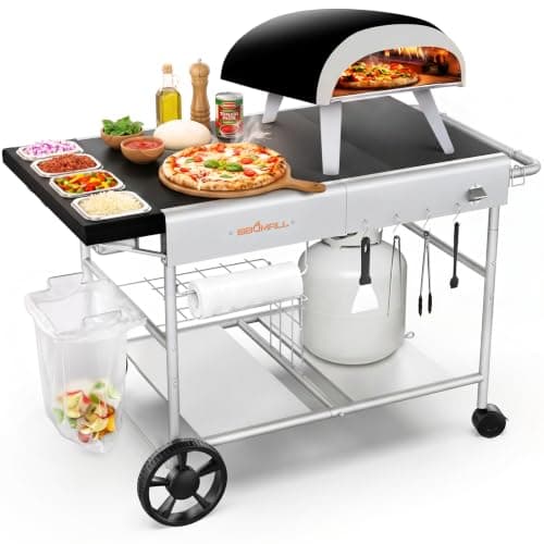 BBQMall Pizza Oven Table Grill Cart with Topping Station, Grill Table Stand with Wheels for Ninja, Blackstone Griddle, Ooni, Gozney, Cuisinart, Heavy Duty BBQ Prep Cart with Storage Shelf and Hooks
