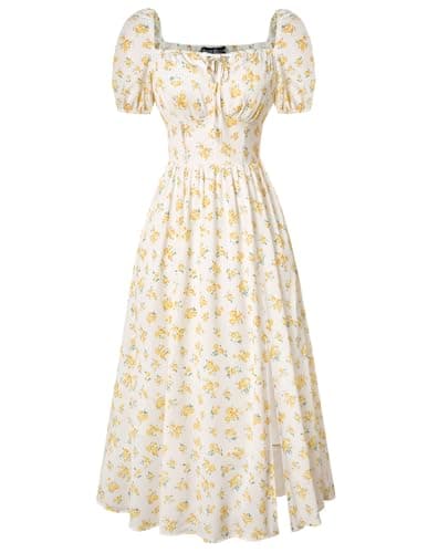 Scarlet Darkness Women's Floral Corset Dress with Split 2026 Summer Spring Square Neck Midi Milkmaid Dresses White Yellow Floral XXL - Image 1