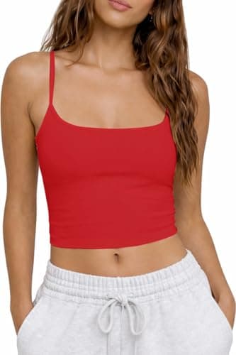 CHYRII Womens Tank Tops Double Lined Square Neck Built in Bra Cropped Sleeveless Summer Going Out Basic Cami Top (Red L) - Image 1