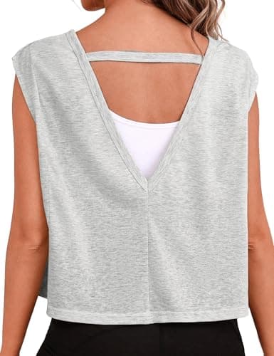 Quenteen Women Cropped Open Back Sleeveless Tank Tops Casual Yoga Y2k Athletic Gym Loose Fit Shirts Heather Grey M - Image 1