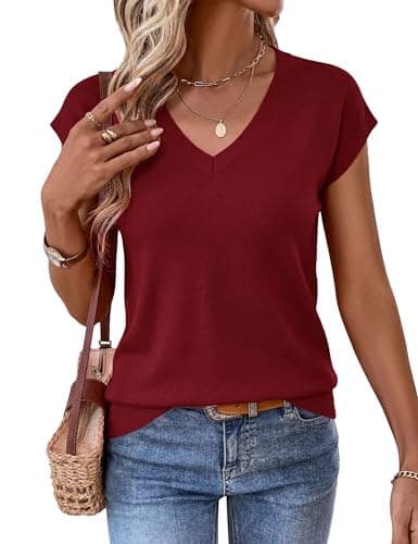 LaGracia Short Sleeve Sweater for Women V Neck Cashmere Wool Blend Lightweight Business Casual Cropped Sweater Tops Basic Summer Vacation Outfits Dark Red L - Image 1
