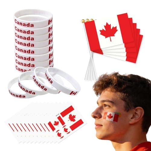 2026 World Soccer Party Favors, 20 Pcs Canada Flags, 12 Pcs Silicone Wristbands and 10 Pcs Stickers for Sports Themed Parties Olympic Celebrations Decorations - Image 1