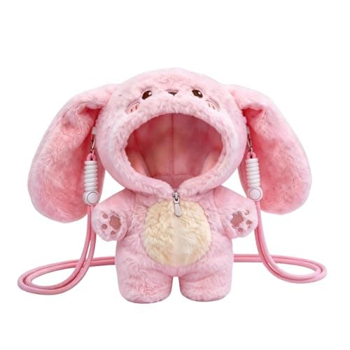 Clothes for 17cm Doll, Premium Handmade Cute Fluffy Rabbit Bag Style 2 Piece Set Including Clothes and 49 inch Adjustable Hanging Rope High-End Fashion Outfit with Dolls Accessories for Display - Pink - Image 1