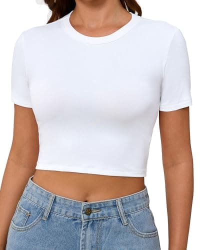Abardsion Women's Baby Tees Slim Fit Crew Neck Short Sleeve Crop Tops - Basic Y2K T Shirts for Summer Daily Wear & Workout White X-Large
