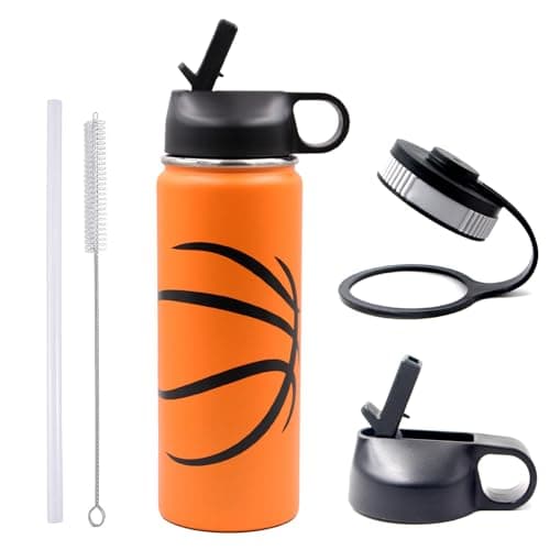 Basketball Water Bottles for Boys 18 oz Wide Mouth Sports Flask with 2 Lids, Stainless Steel Double Wall Vacuum Insulated Water Bottle, Basketball Accessories Stuff Gifts for Player Coach Fans Lovers