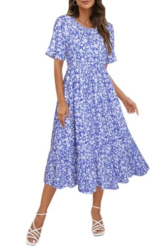 STYLEWORD Women's Summer 2025 Casual Short Sleeve Tiered Flowy Spring Dress Long Midi Beach Sundress Vacation Outfits(Floral26,S) - Image 1