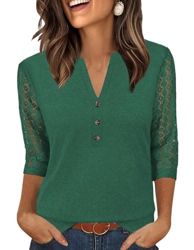 Bakoliza Summer Outfits for Women 3/4 Lengtj Lace Sleeve Tops Soft Trendy Casual Blouses Green - Image 1