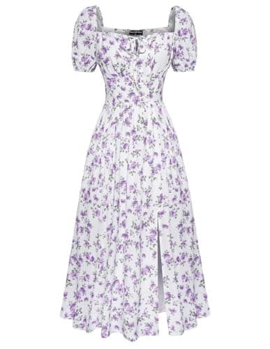 Scarlet Darkness Women's Floral Corset Dress with Split 2026 Summer Spring Square Neck Midi Milkmaid Dresses White Purple Floral XL - Image 1