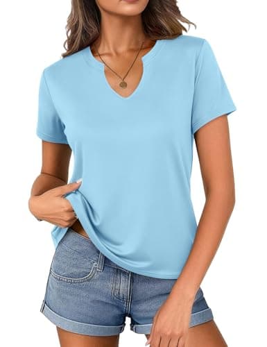 Women's V Neck Cotton T-Shirts Breathable Short Sleeve Tops Lightweight Stretch Summer Tees (Sky Blue,Medium) - Image 1