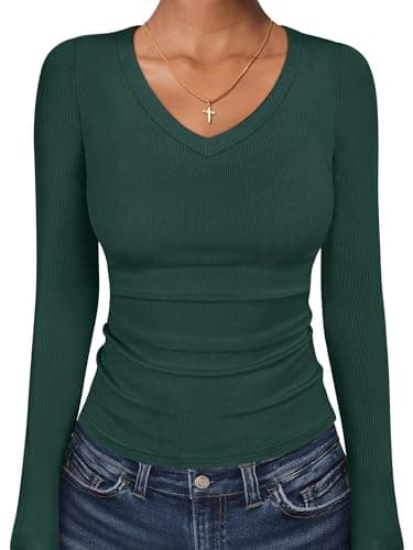 ANRABESS Long Sleeve V Neck Shirts for Women Deep Green XXL