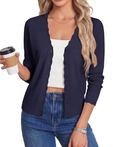 GRACE KARIN Women's Lightweight Summer Button Up Cardigan Sweater, Cropped V Neck Soft Knit Wool Bolero Shrugs for Dress(Navy Blue M) - Image 1
