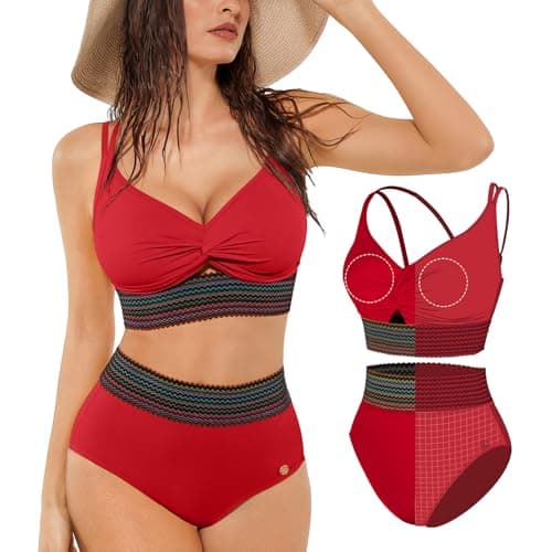 Popilush High Waisted Bikini Sets for Women Tummy Control Swimsuits Two Piece Boho Bathing Suit 4 Way Wear Beach and Pool Plus Size XXXL Color Red - Image 1