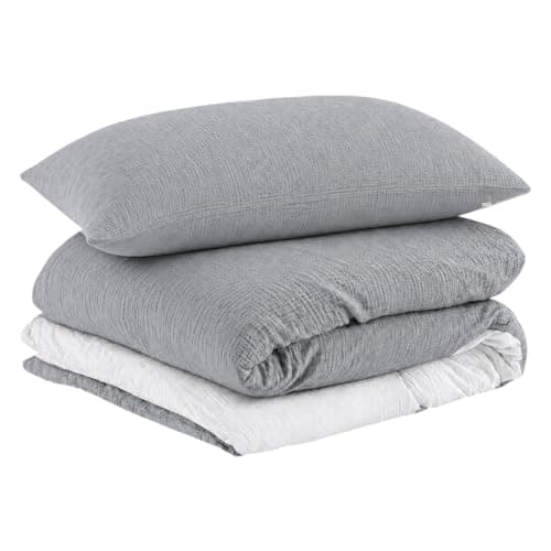 EMME Cotton Muslin Duvet Cover Set Queen Size Linen Like Soft Breathable Lightweight Summer Comforter Cover Set with Zipper Closure (Light Grey&White, Queen, 90"x90") - Image 1
