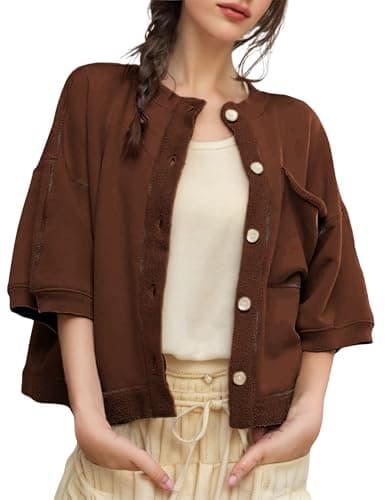 QIBABU Womens Button Down Cardigan Casual Open Front 3/4 Sleeve Crewneck Sweatshirt Tops(2142-Brown-S-QB) - Image 1