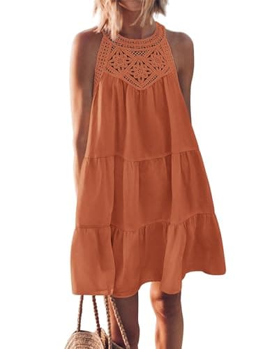 KIRUNDO Women Summer Halter Sundress 2026 Spring Casual Sleeveless Boho A Line Mini Beach Vacation Dress Cruise Resort Wear(Small, Brown Orange) - Image 1