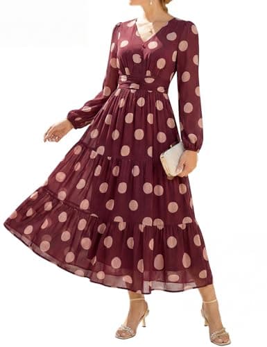 GRACE KARIN Polka Dot Dress for Women,Wedding Guest Dresses,Maxi Dress Red Brown with Beige Polka Dots XXL - Image 1