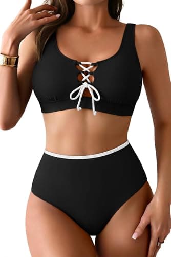 Pink Queen High Waisted Bikini Sets for Women Two Piece 2026 Summer Tummy Control Cutout Womens Bathing Suits Lace Up Cheeky Tie Front Swimming Suit Push Up Swimwear Women Black M - Image 1