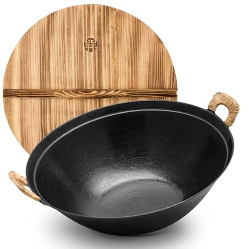WANGYUANJI 13.4 Inch Cast Iron Wok with Lid, Flat Bottom Chinese Stir Fry Pan, Uncoated Heavy Duty Wok Pan for Induction, Gas, Electric & Ceramic Stoves, Dual Handles - Image 1