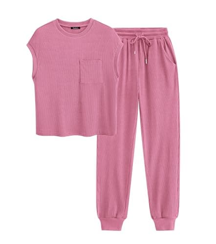 BTFBM Women's Two Piece Tracksuit Outfits Summer Short Sleeve Tops Long Pants Jogger Lounge Matching Sets Sweatsuit(Dark Pink,Small) - Image 1