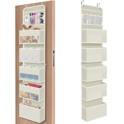 SpaceHacks 6-Tier Over The Door Organizer, Hanging Storage Organizer with Clear Window, 40lb Ultra Sturdy Large Capacity Room Organizer for Pantry Bathroom Nursery Closet Baby Essential (Beige) - Image 1