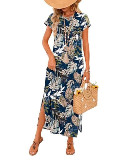 AUSELILY Plus Size Sun Dresses Women Wrinkle Free Casual Travel Split Short Sleeve Loose Long Maxi Sundress with Pockets 2026 Selva Leaf Map 2XL - Image 1