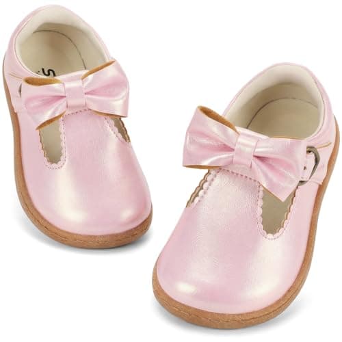 STQ Toddler Girls Dress Shoes Wide Toe Box Mary Jane Flats Ballet Wedding School Uniform Flower Ballerina Baby First Walking 6-12 12-18 Months Babies Casual with Zero Drop Pink Toddler Size 9 - Image 1