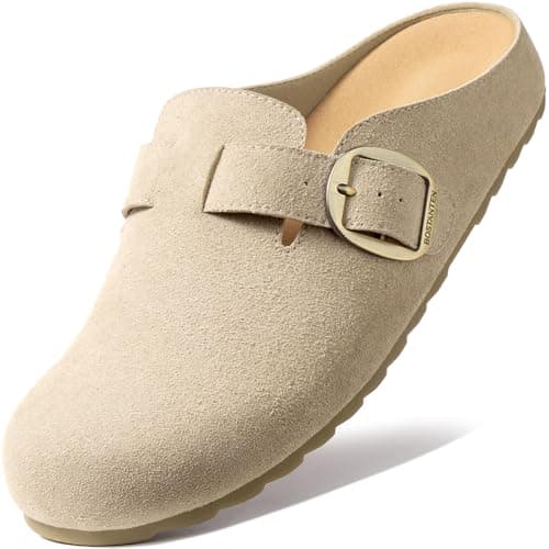 BOSTANTEN Clogs for Women Wide Width Comfortable Suede Mules with Soft Footbed and Arch Support, Cute Slip On Potato Shoes Taupe - Image 1