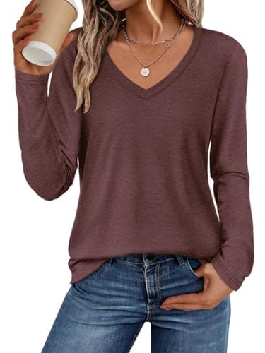 ATHMILE Womens 2026 Fall Long Sleeve Shirts Basic Apparel Shirts Trendy V Neck Tshirt for Women Curved Hem Tops Z-Wine Red - Image 1