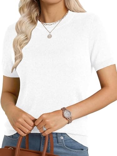 GKBK Women's Short Sleeve Sweaters Wool Blend Lightweight Knit Pullover Summer Tops Soft Basic Tee Shirts Business Casual Outfits for Women 2026 Fashion Trendy White L - Image 1