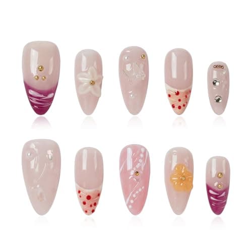 Tesytto 10 Pcs Almond Handmade Press On Nails - 3D Floral Gradient Color with Water Drop Butterfly Decor & Seashell,Hand-painted Light Pink Base for Spring Summer (Hand Painting, M) - Image 1