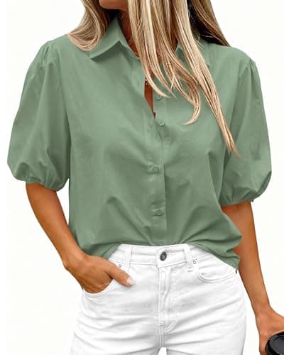 BTFBM Women's Button Down Shirts Short Puff Sleeve Collared V Neck 2026 Summer Tops Dressy Casual Work Business Blouses(Sage Green, Small) - Image 1